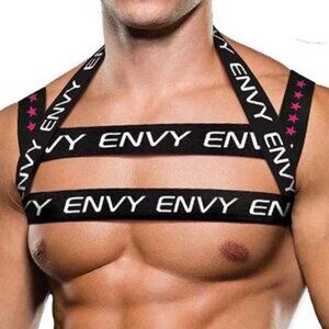 Envy Logo Harness Black/White w. Pink Stars M/L NWOT Pride Fetish BDSM‎